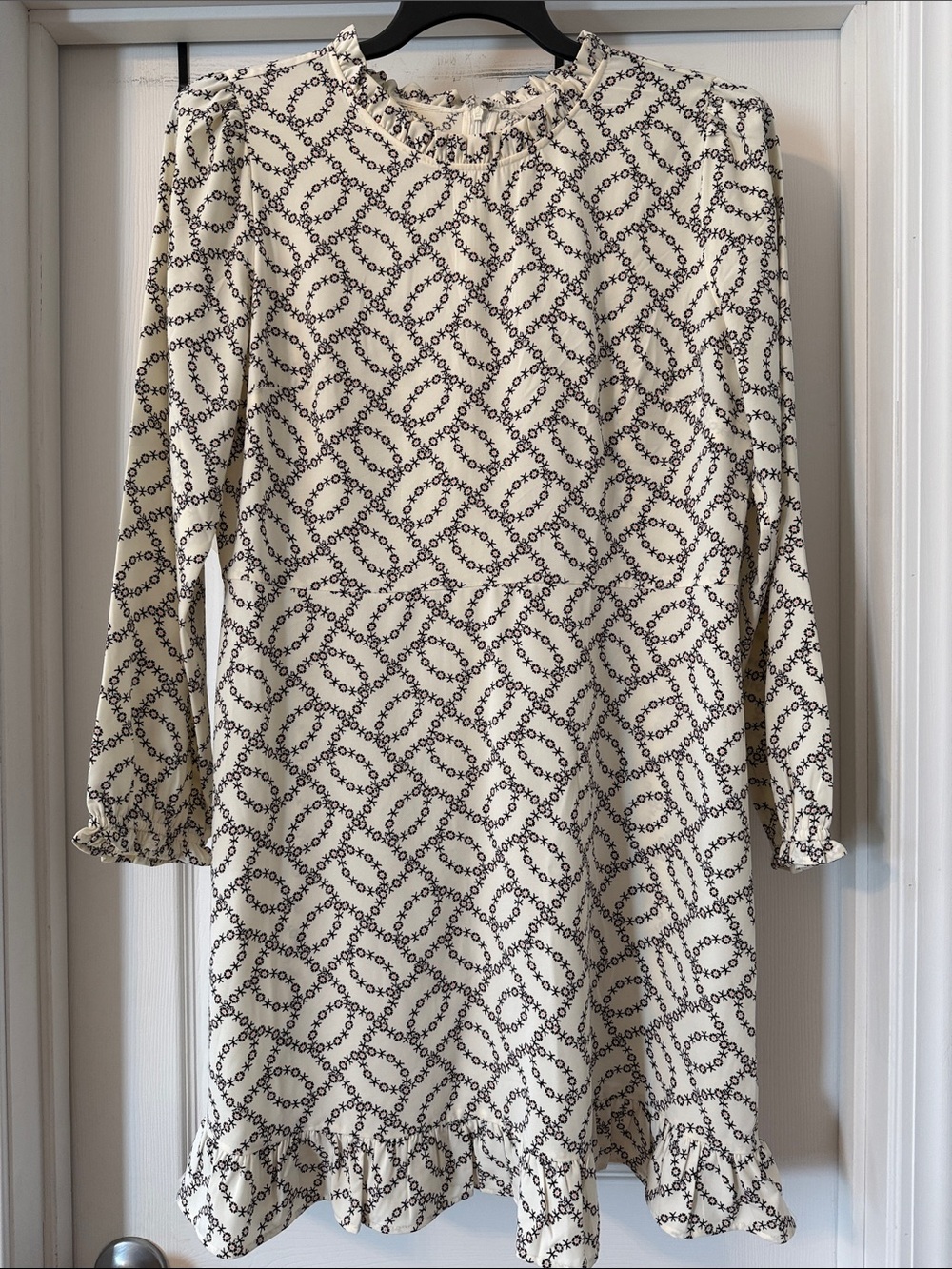 LOFT Cream and Black Printed Long-Sleeve Ruffle-Hem Dress